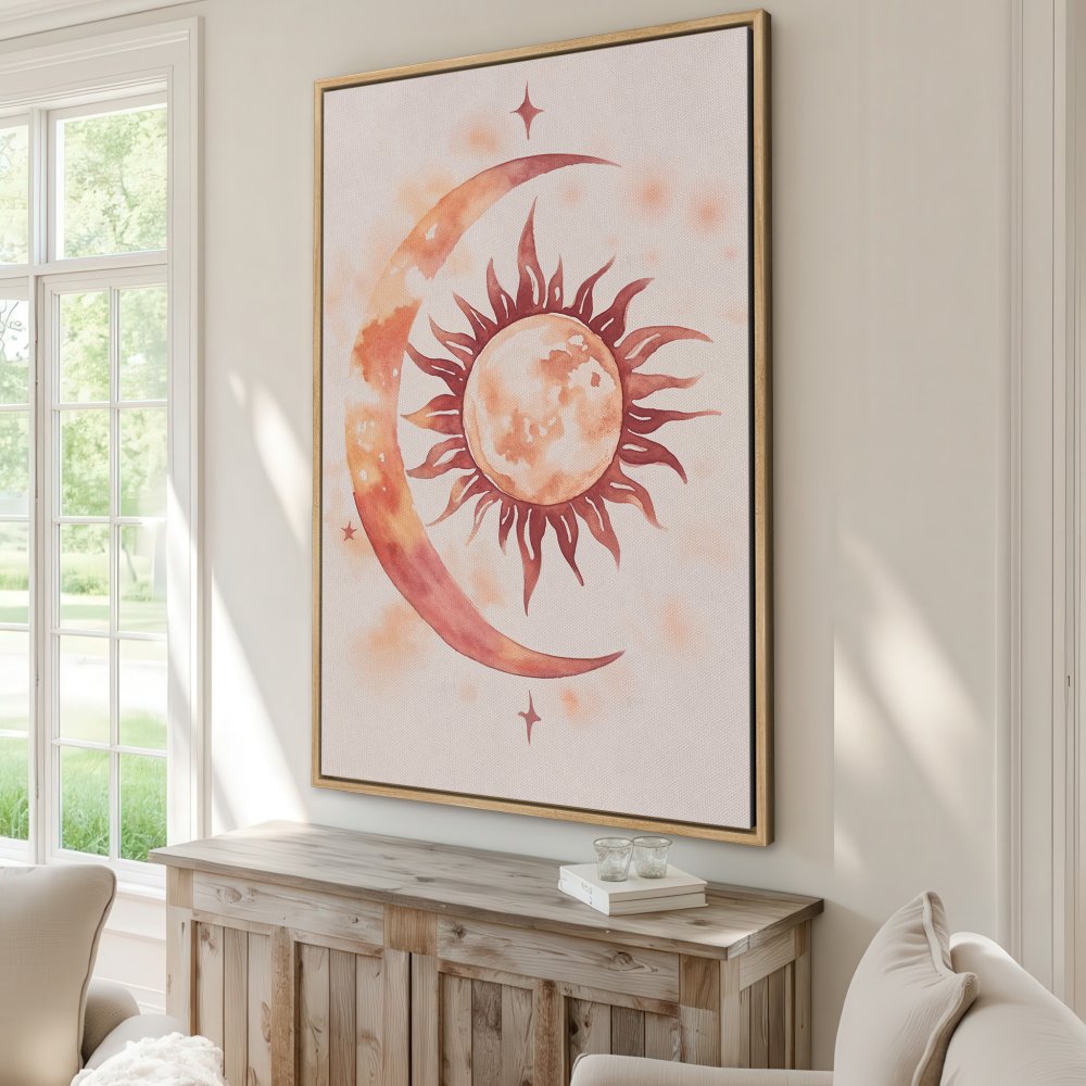 Framed Wall Art: Watercolor sun and moon art print in warm terracotta tones. Boho style canvas print perfect for any interior.