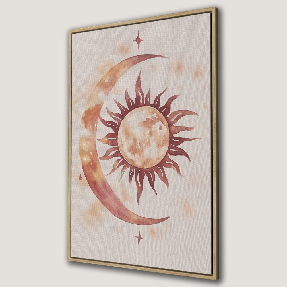 Canvas Print featuring a watercolor sun and moon design in warm terracotta tones. Boho style wall art for a cozy home.