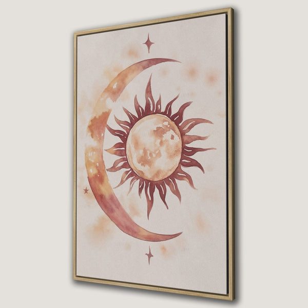Canvas Print featuring a watercolor sun and moon design in warm terracotta tones. Boho style wall art for a cozy home.