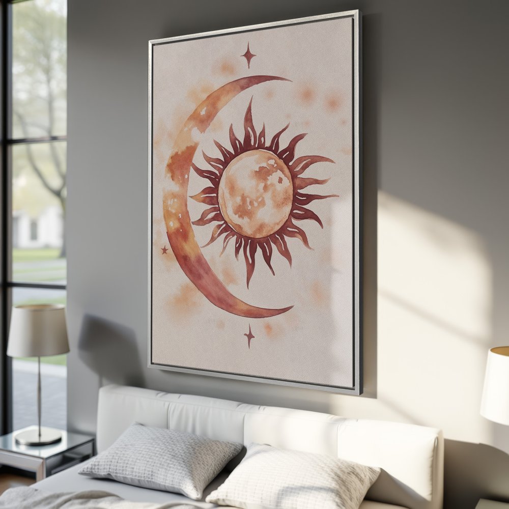 Framed Wall Art: Watercolor sun and moon design in warm orange tones. Boho style canvas print perfect for bedroom decor.