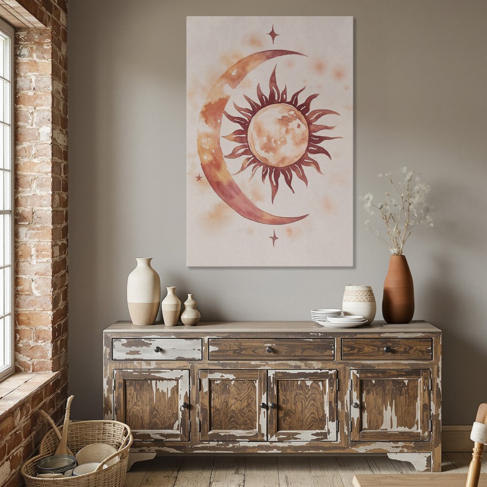 Framed Wall Art featuring a watercolor sun and moon design in warm orange tones. Perfect for bohemian home decor.