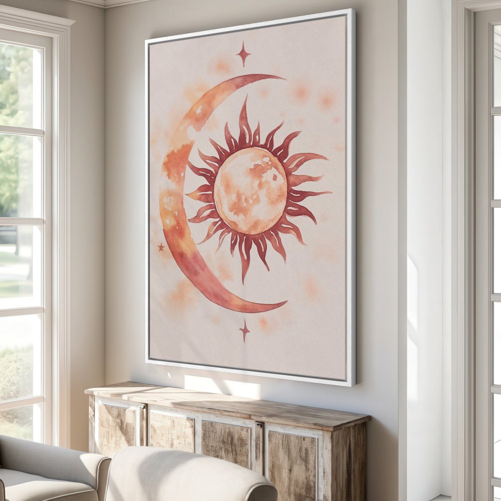 Canvas Print featuring a watercolor sun and moon design in warm orange and beige tones. Boho style wall art for your living room.