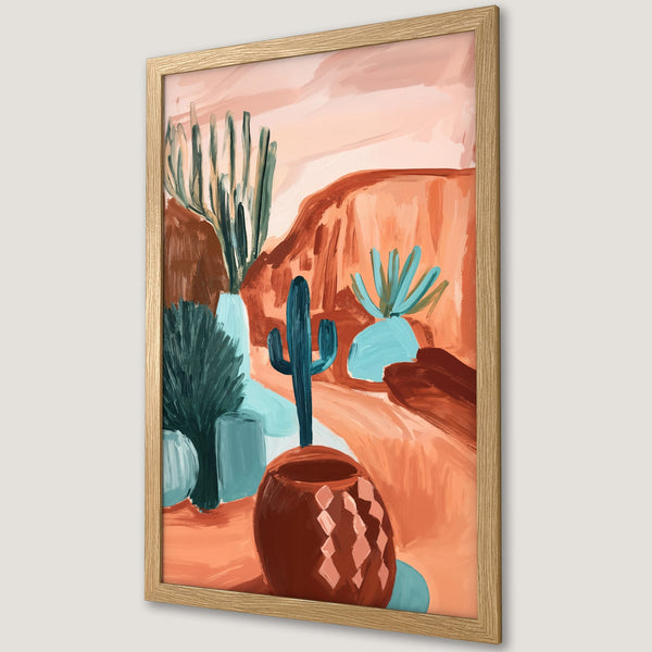 Framed Poster featuring a desert landscape in a modern, abstract style with a warm, earthy color palette. Perfect wall art!