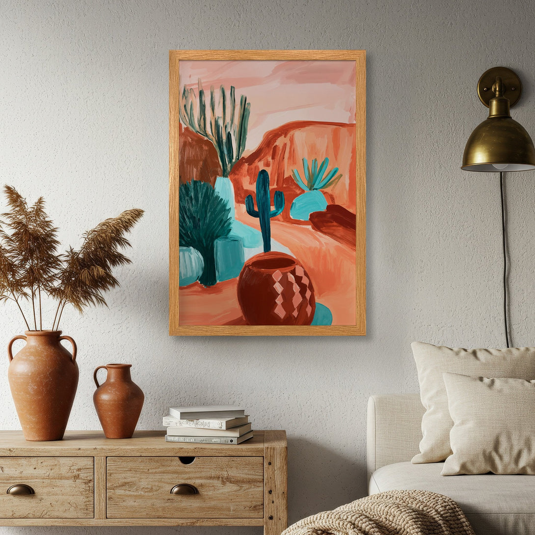Framed Poster featuring an abstract desert landscape in warm orange, teal, and brown tones. Modern art style perfect for home decor.