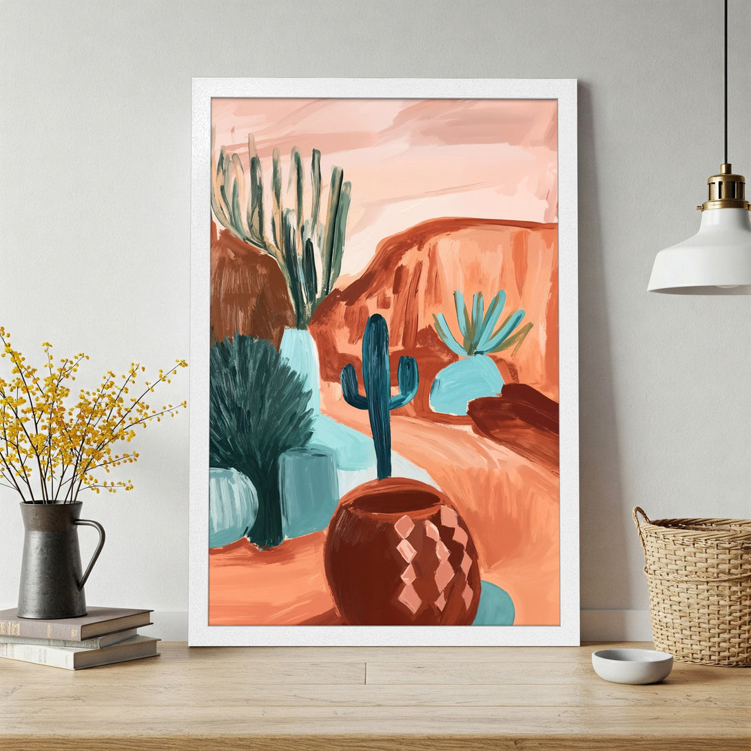 Framed Poster featuring an abstract desert landscape with cacti in a warm color palette. Modern art style.