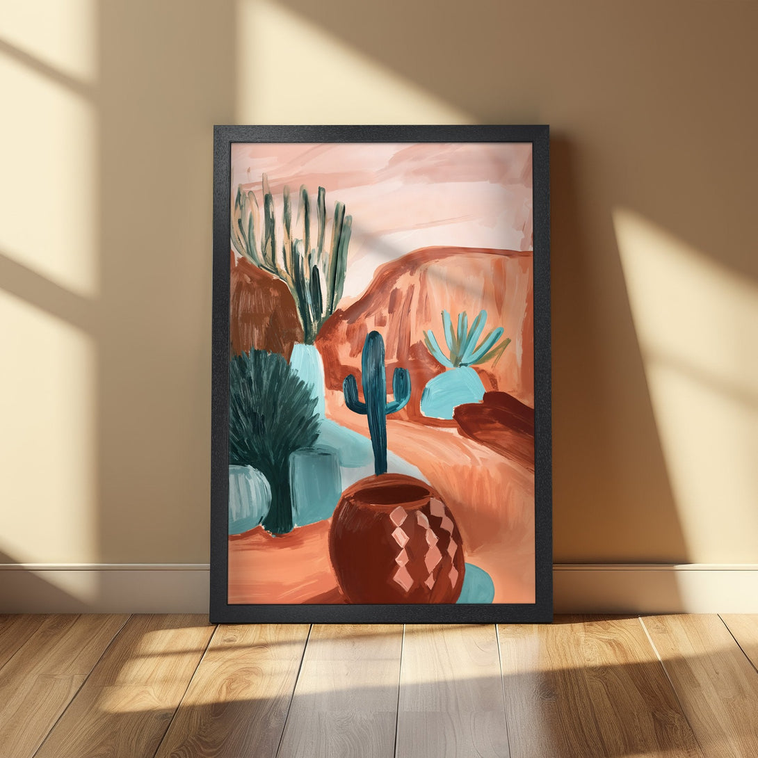 Framed Poster featuring a desert landscape art print. Abstract style with warm earth tones and teal accents. Perfect wall decor!