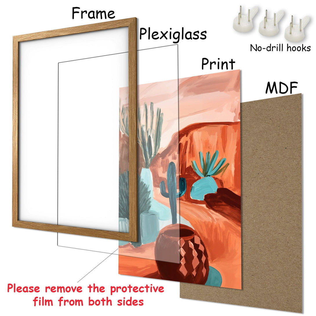 Framed Poster featuring desert landscape art in warm orange, teal, and brown tones. Modern art print for home decor.
