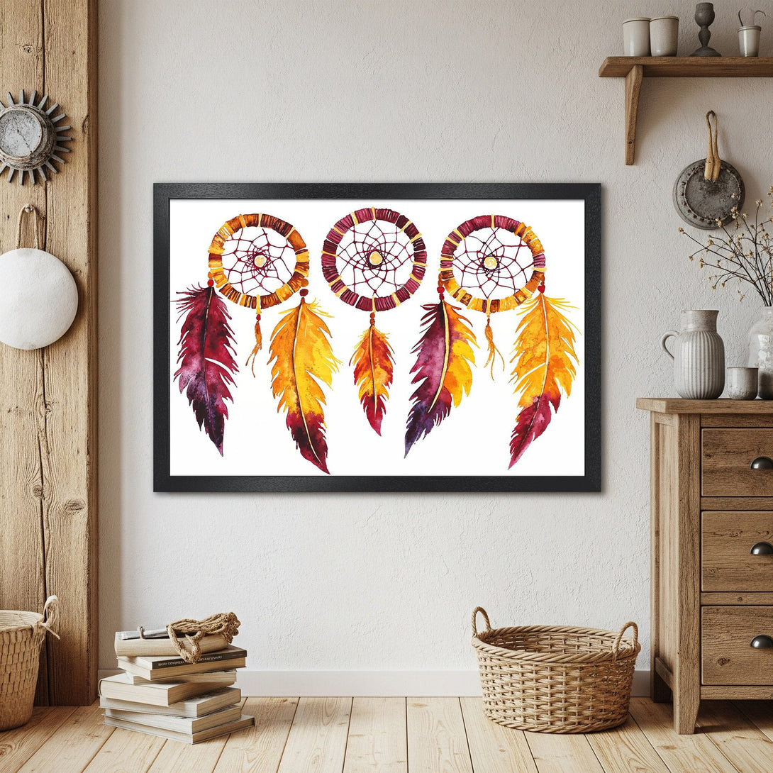 Framed Poster featuring watercolor dreamcatchers in warm orange, yellow, and purple tones. Bohemian style art print for home decor.