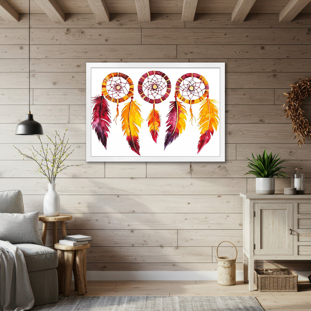 Framed Poster featuring watercolor dream catchers in warm red and yellow tones, perfect for bohemian decor.