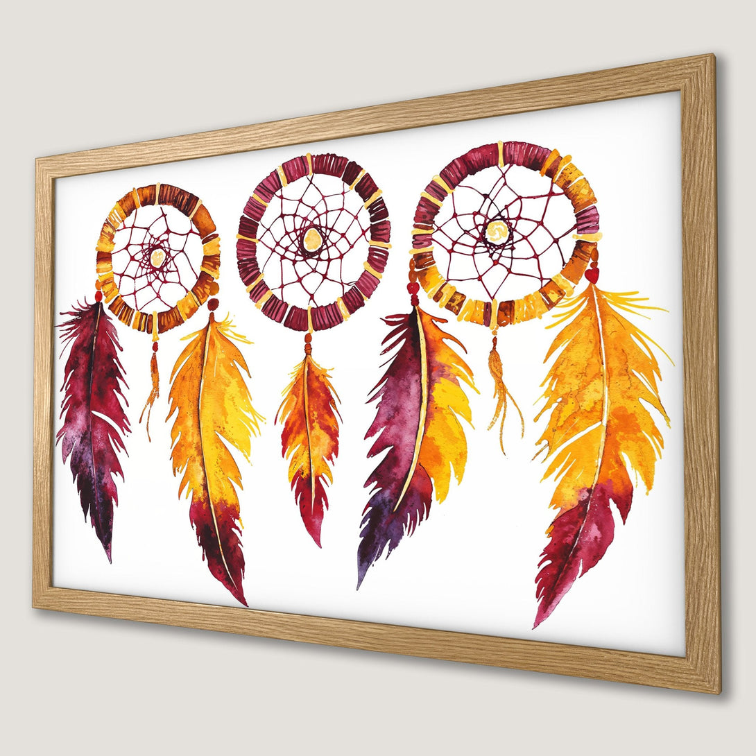 Framed Poster featuring watercolor dream catchers with vibrant yellow, orange, and burgundy feathers. Boho style art print for your home decor.