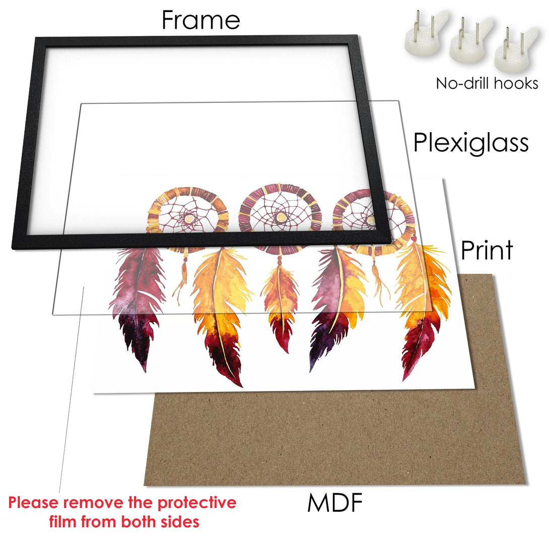 Framed Poster featuring watercolor dreamcatchers and feathers in warm, earthy tones. Perfect for adding a boho touch!