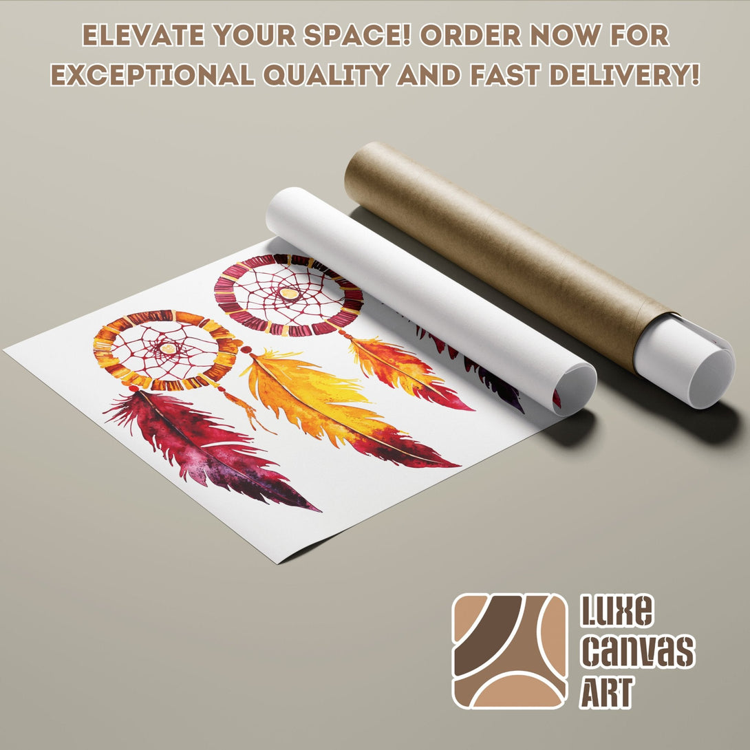 Dreamcatcher Poster Roll in watercolor style, featuring warm red, orange, and yellow hues. Elevate your space!
