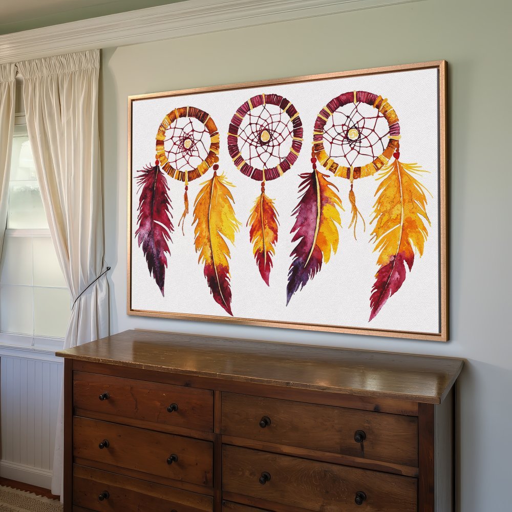 Canvas Print of watercolor dreamcatchers with vibrant orange, yellow, and purple feathers. Boho style wall art for your home.