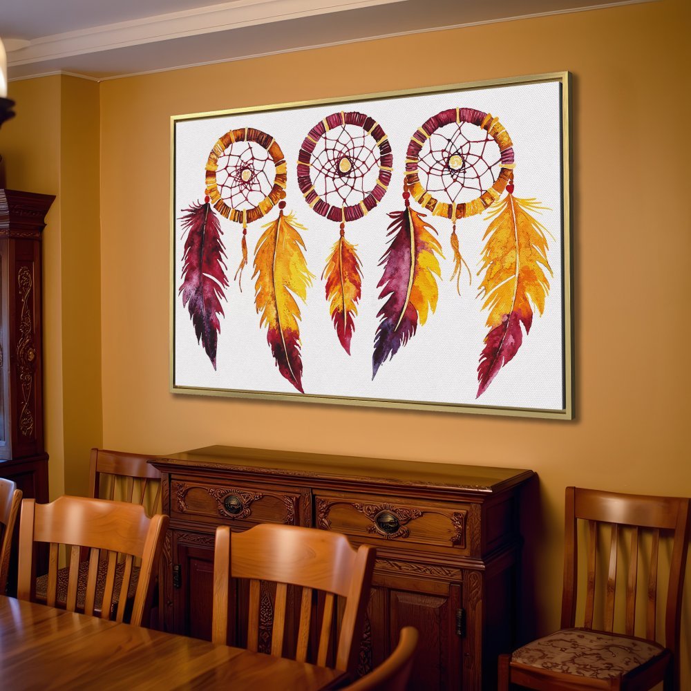 Canvas Print featuring watercolor dreamcatchers in warm yellow, orange, and purple hues. Boho wall art for living room decor.