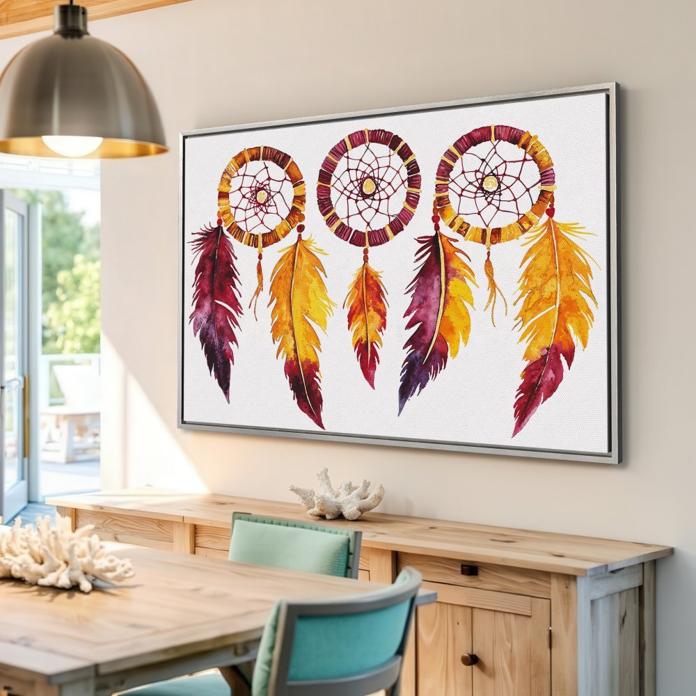 Canvas Print of watercolor dreamcatchers in warm, earthy tones. Boho wall art for a stylish home.
