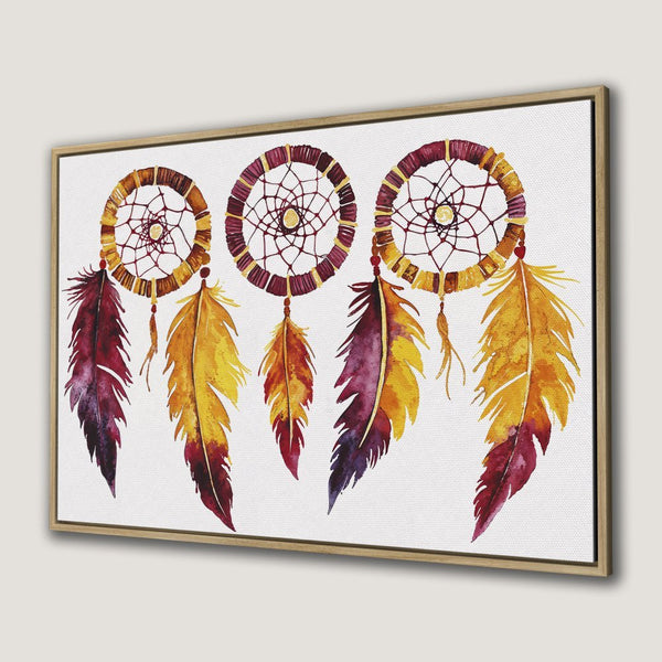 Canvas Print featuring watercolor dreamcatchers with warm yellow, orange, and burgundy feathers. Boho style wall art for your home!