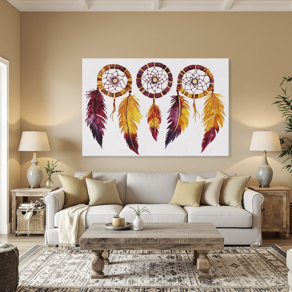 Framed Wall Art: Watercolor dreamcatcher print with warm orange, yellow, and burgundy feathers. Boho style canvas art for home decor.