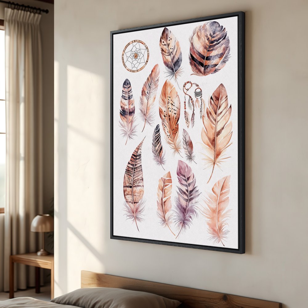 Framed Wall Art: Watercolor feathers in warm earth tones. Boho style canvas print perfect for bedroom decor and adding a touch of nature.
