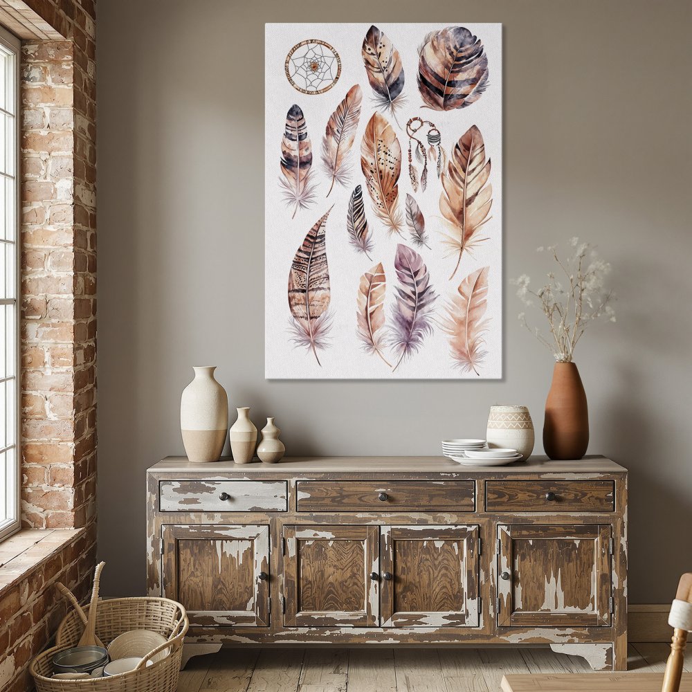 Framed Wall Art: Watercolor feathers in warm earth tones. Boho style Canvas Print for living room or bedroom decor.