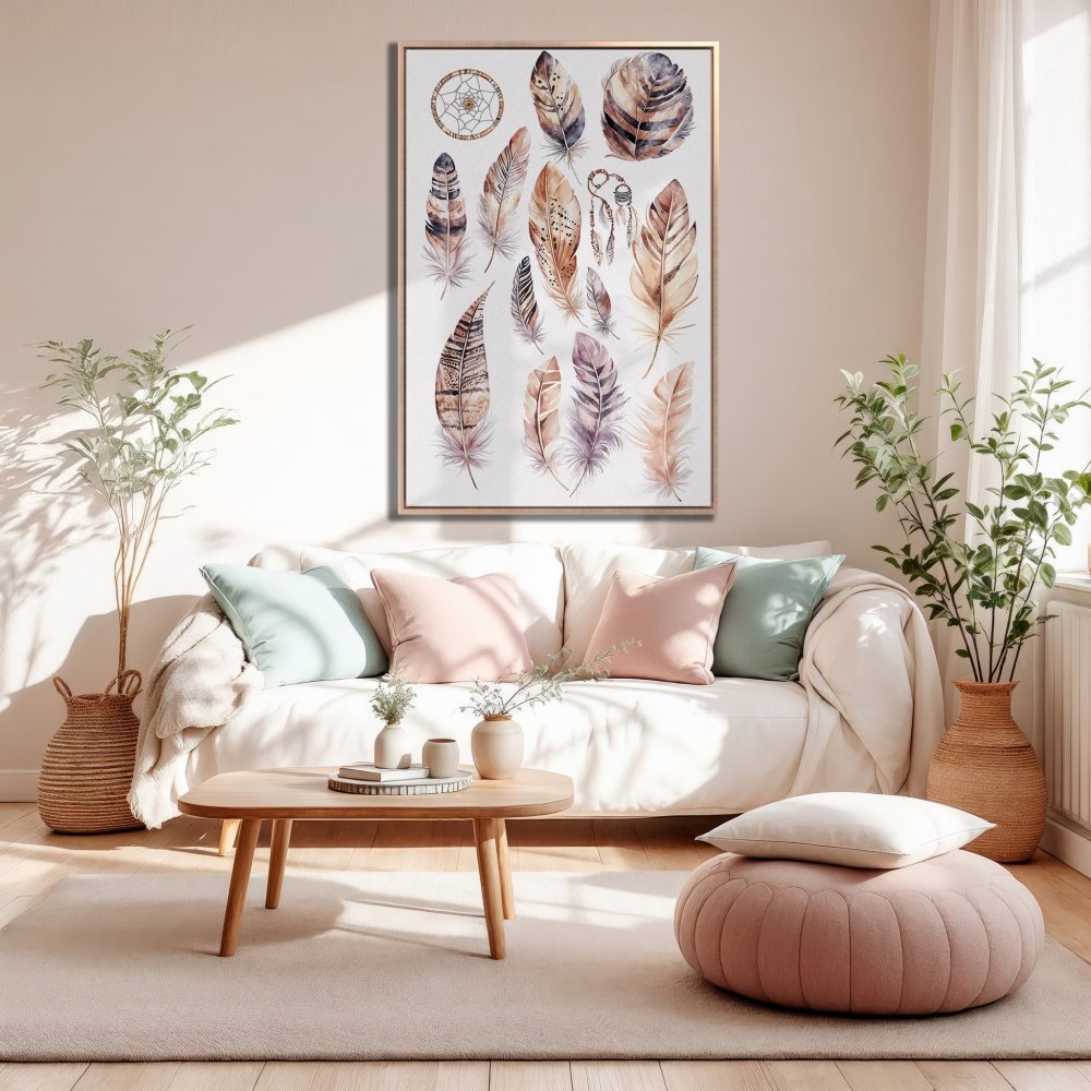 Framed Wall Art featuring watercolor feathers in warm, neutral tones. Perfect for boho home decor. Canvas Print ready to hang!