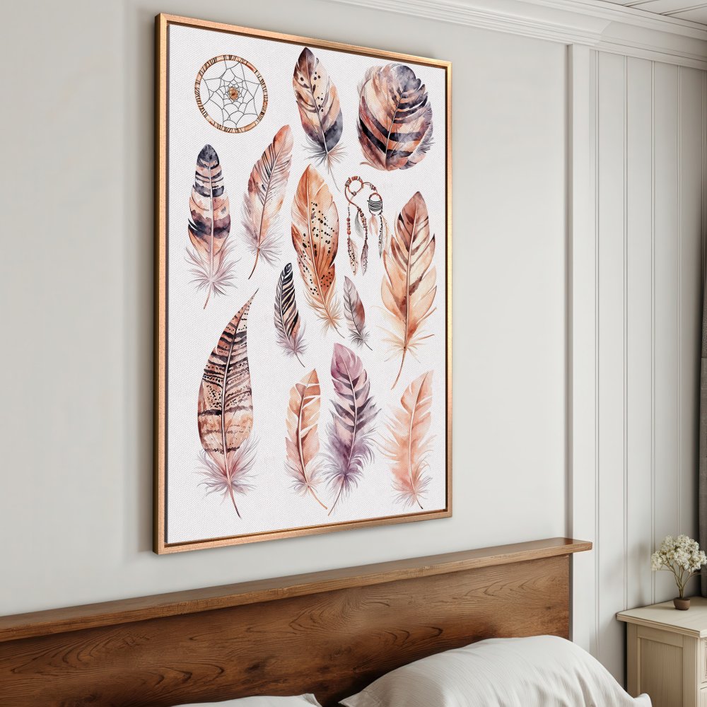 Framed Wall Art: Watercolor feathers in warm earth tones. Boho style Canvas Print for bedroom decor. Add a touch of serenity to your space!