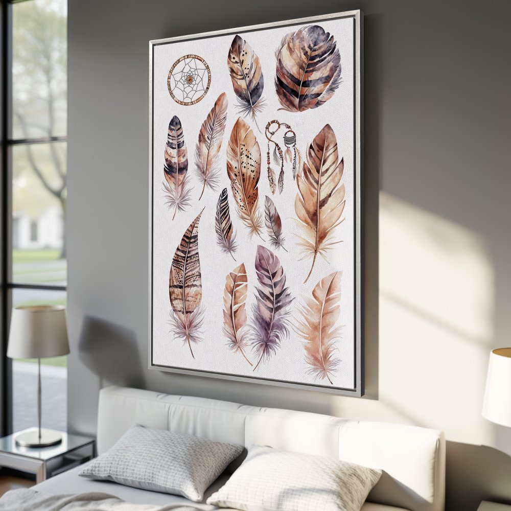 Framed Wall Art: Watercolor feather print in warm earth tones. Boho style canvas art for bedroom decor.