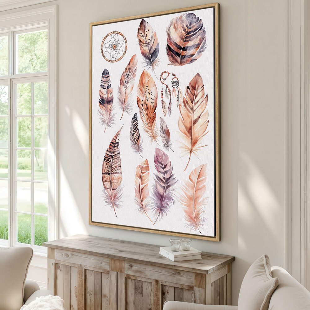 Framed Wall Art featuring watercolor feathers in warm earth tones. Bohemian style Canvas Print perfect for home decor.