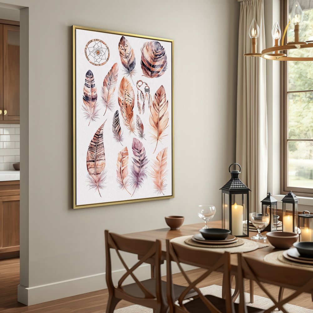 Canvas Print featuring watercolor feathers in warm, earthy tones. Bohemian style wall art for a cozy living room.