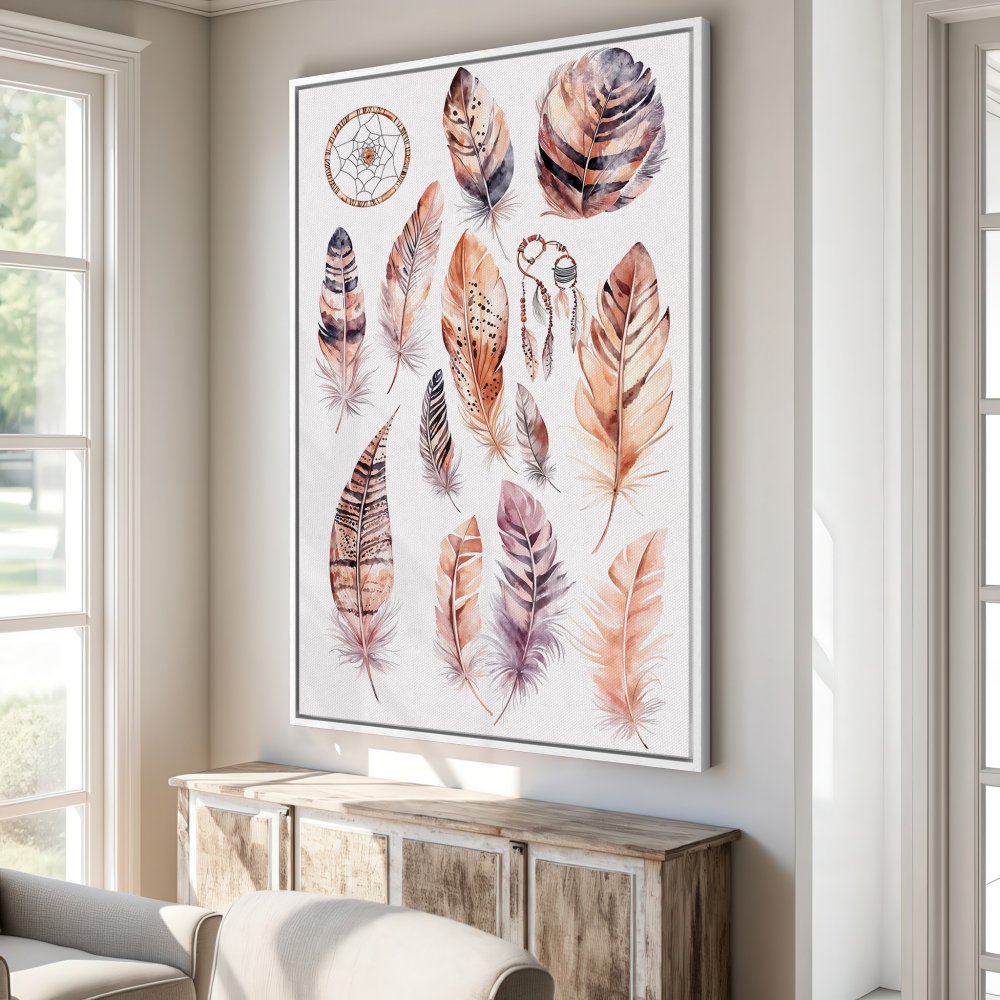 Watercolor feather Canvas Print in warm earth tones. Boho wall art perfect for living room or bedroom decor.