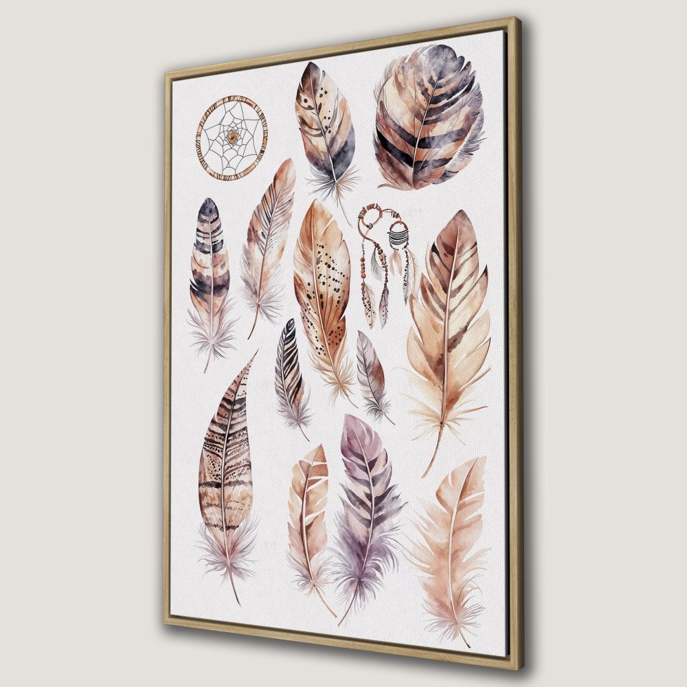 Framed Wall Art: Watercolor feathers in warm brown and purple tones. Boho style Canvas Print adds a touch of elegance to any space.