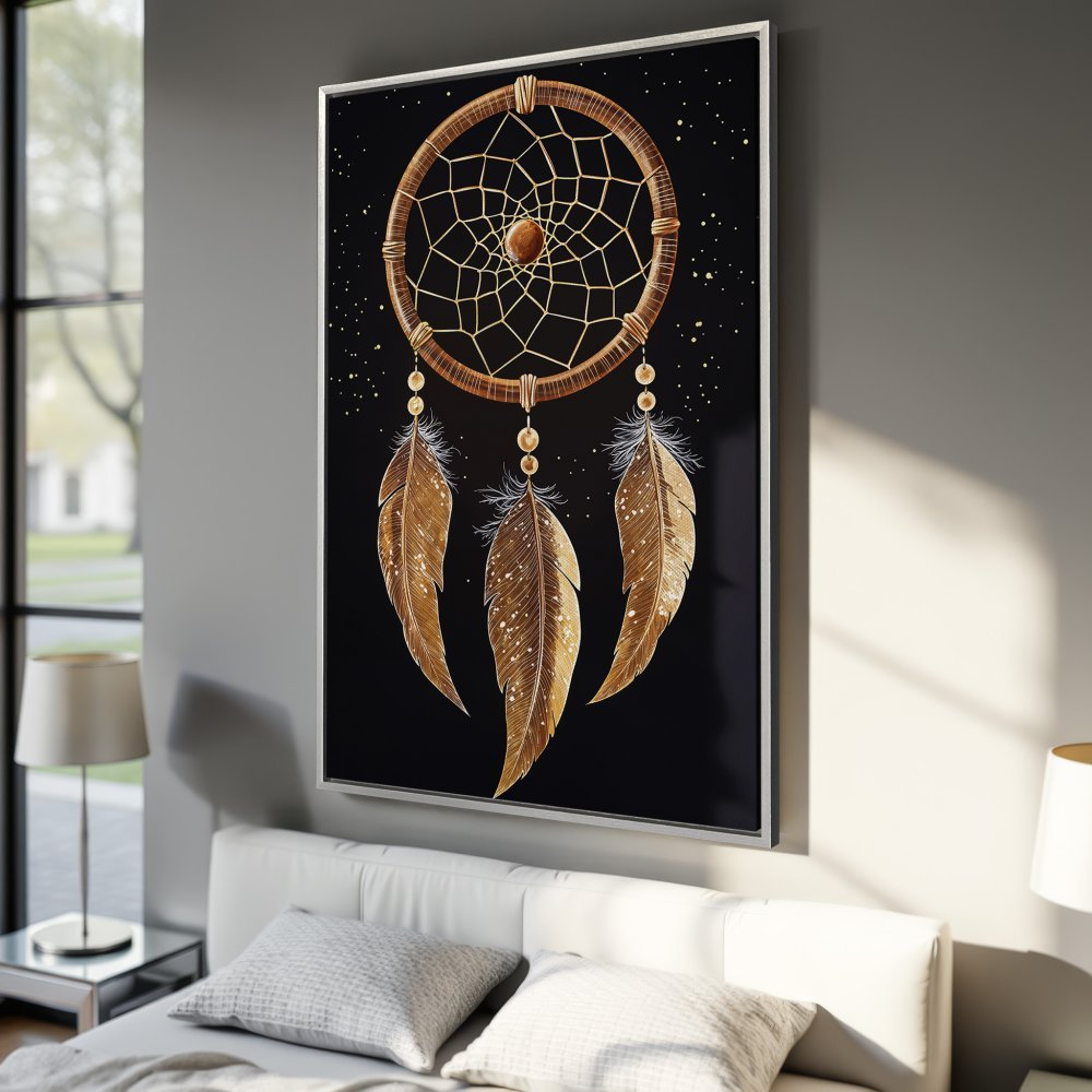 Framed Wall Art: Dreamcatcher Canvas Print in gold and black. Bohemian style art for bedroom decor. Add a touch of elegance to your space!