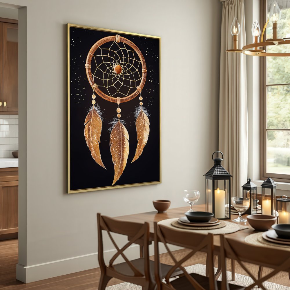 Canvas Print of a dreamcatcher. Bohemian style wall art with gold and black color palette. Perfect for home decor.