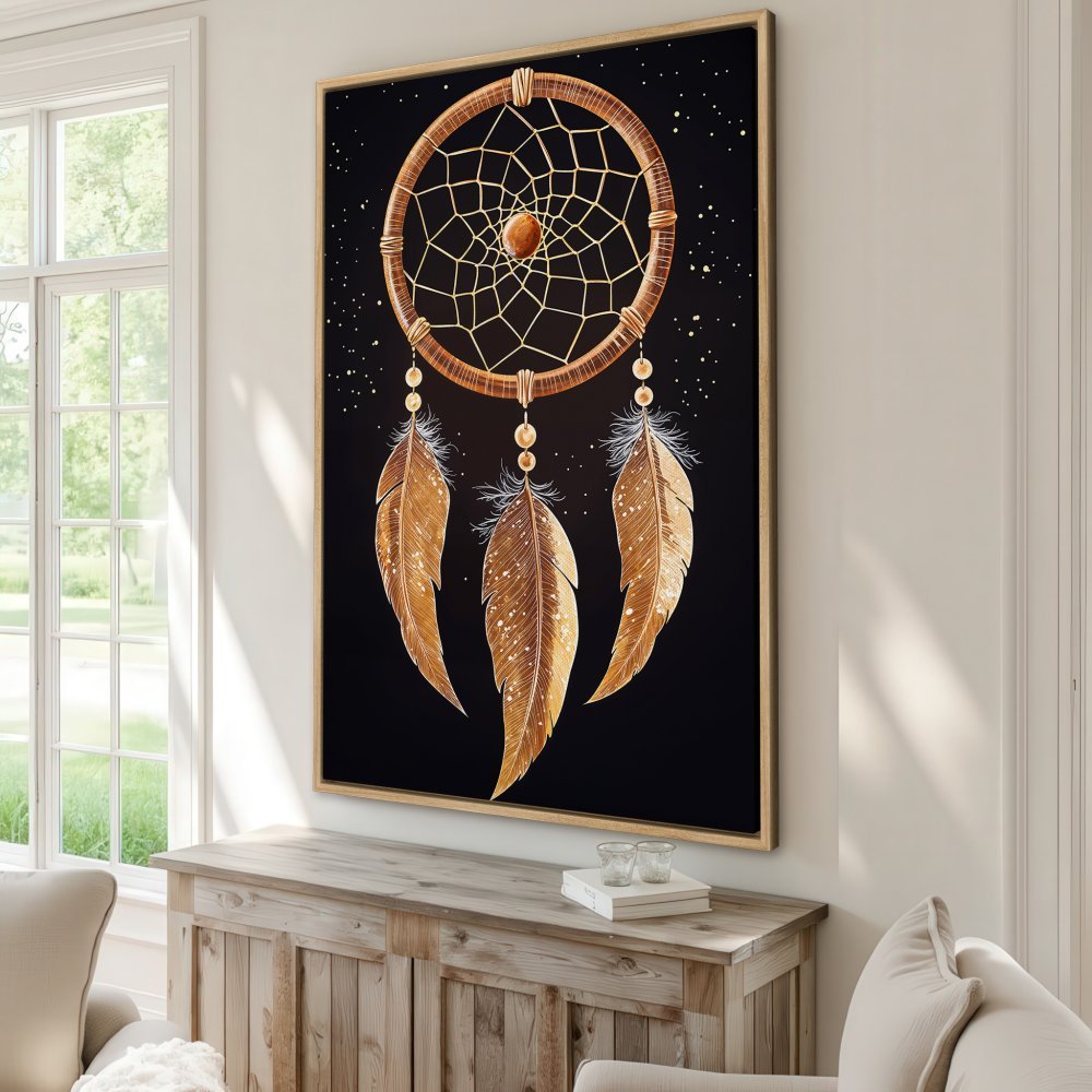 Framed Wall Art: Dreamcatcher print in warm gold and brown tones. Boho style canvas print perfect for living room decor.