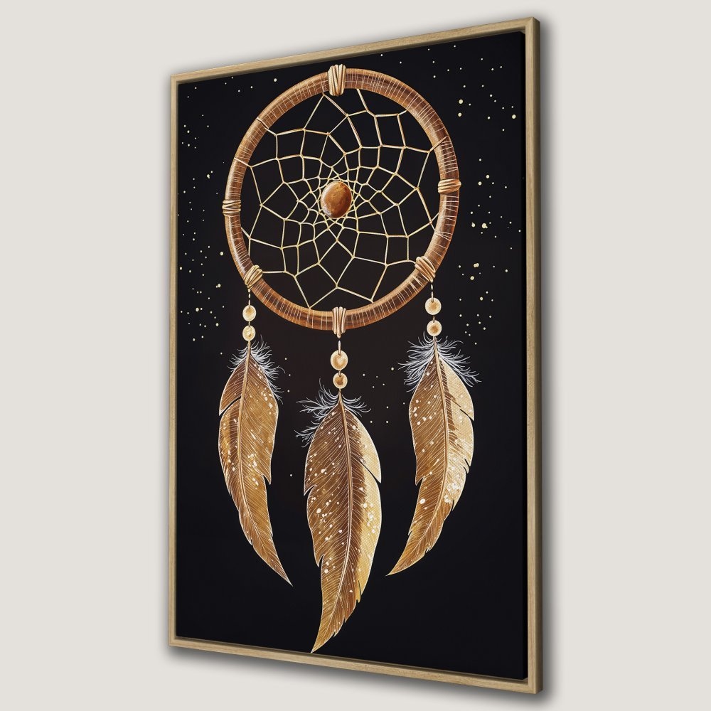 Framed Wall Art: Dreamcatcher canvas print with gold and brown accents on a black background. Bohemian style wall decor for your home.