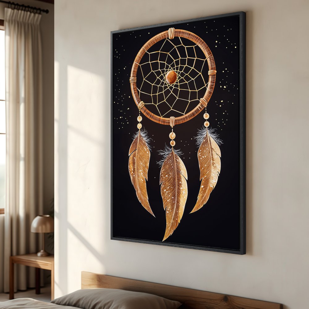 Framed Wall Art: Dreamcatcher canvas print in warm gold tones against a black background. Boho style art for bedroom decor.