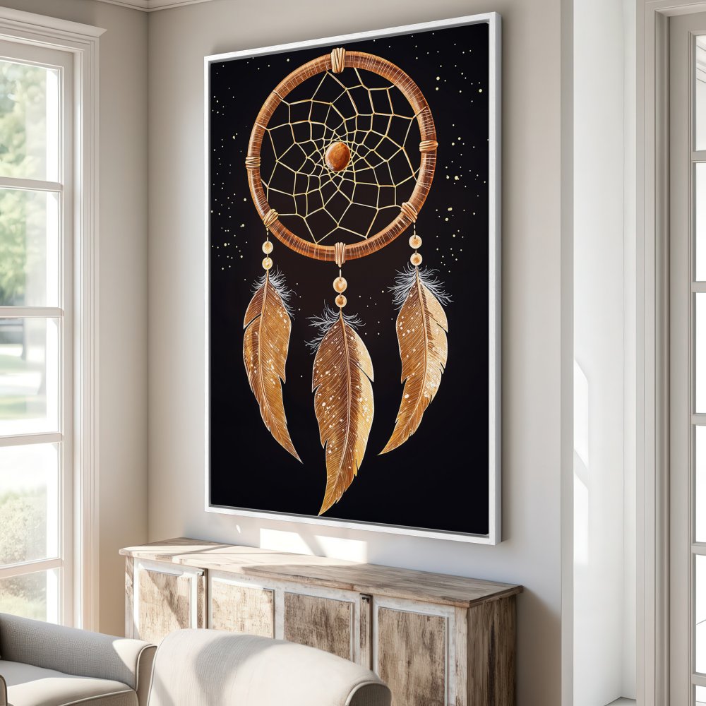 Framed Wall Art: Dreamcatcher print in gold and black. Boho style canvas art for a unique home decor statement.