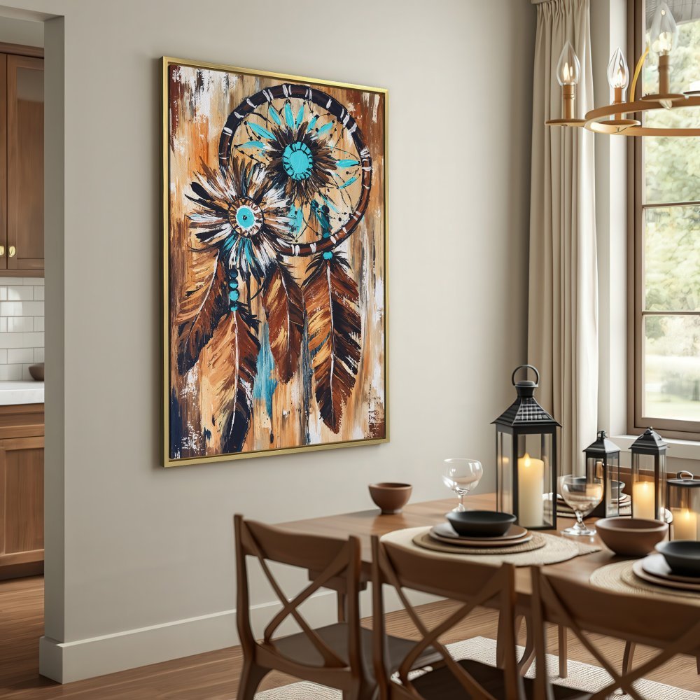 Canvas Print of a dreamcatcher in a rustic style, featuring brown, blue, and beige tones. Perfect wall art!
