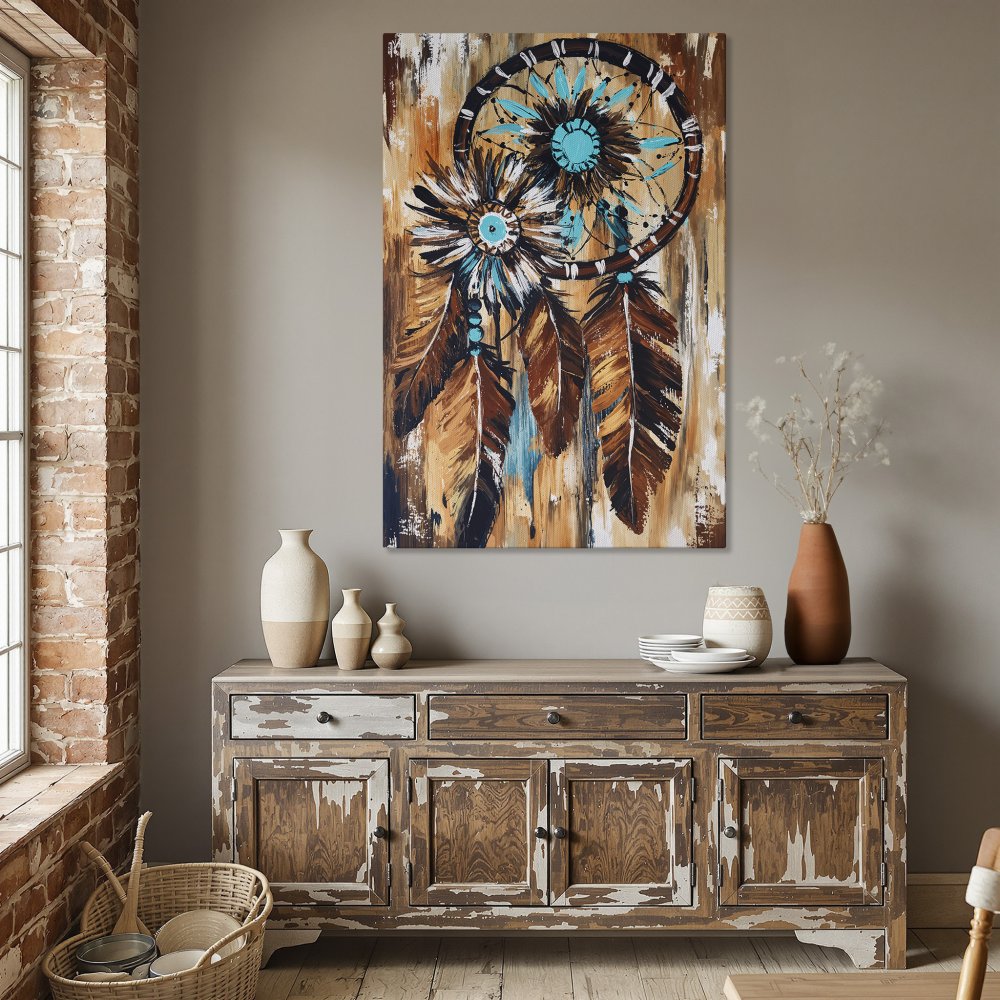 Framed Wall Art: Dreamcatcher painting in warm brown, turquoise, and gold tones. Rustic style Canvas Print perfect for living room or dining room decor.