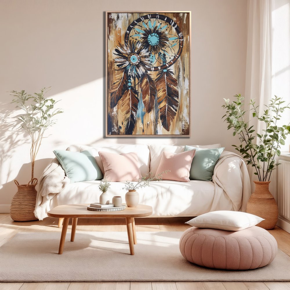 Framed Wall Art: Dreamcatcher Canvas Print in boho style, featuring brown, teal, and beige tones, perfect for living room decor.