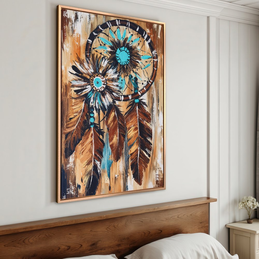 Framed Wall Art: Dreamcatcher painting in warm brown, teal, and white tones. Boho style Canvas Print for bedroom decor.