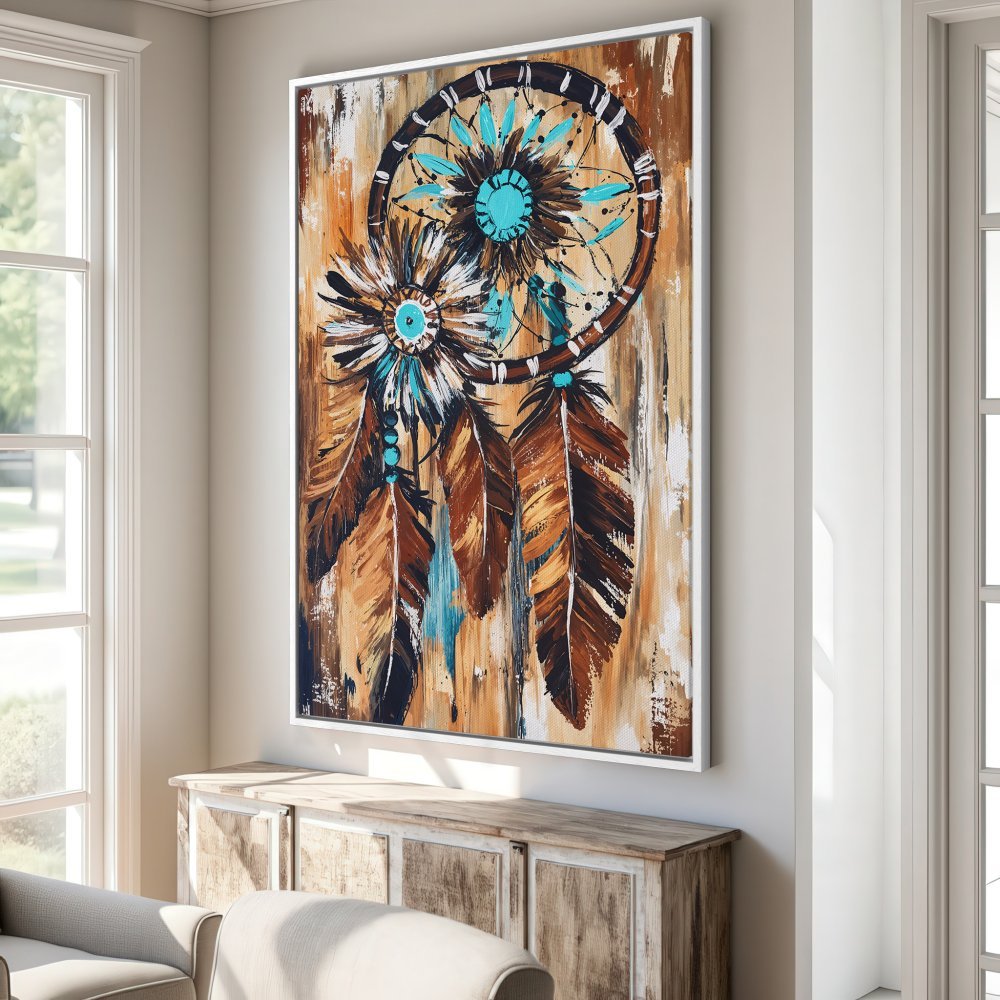 Framed Wall Art: Dreamcatcher painting in warm brown & turquoise palette. Rustic, bohemian style canvas print, perfect for living room decor.