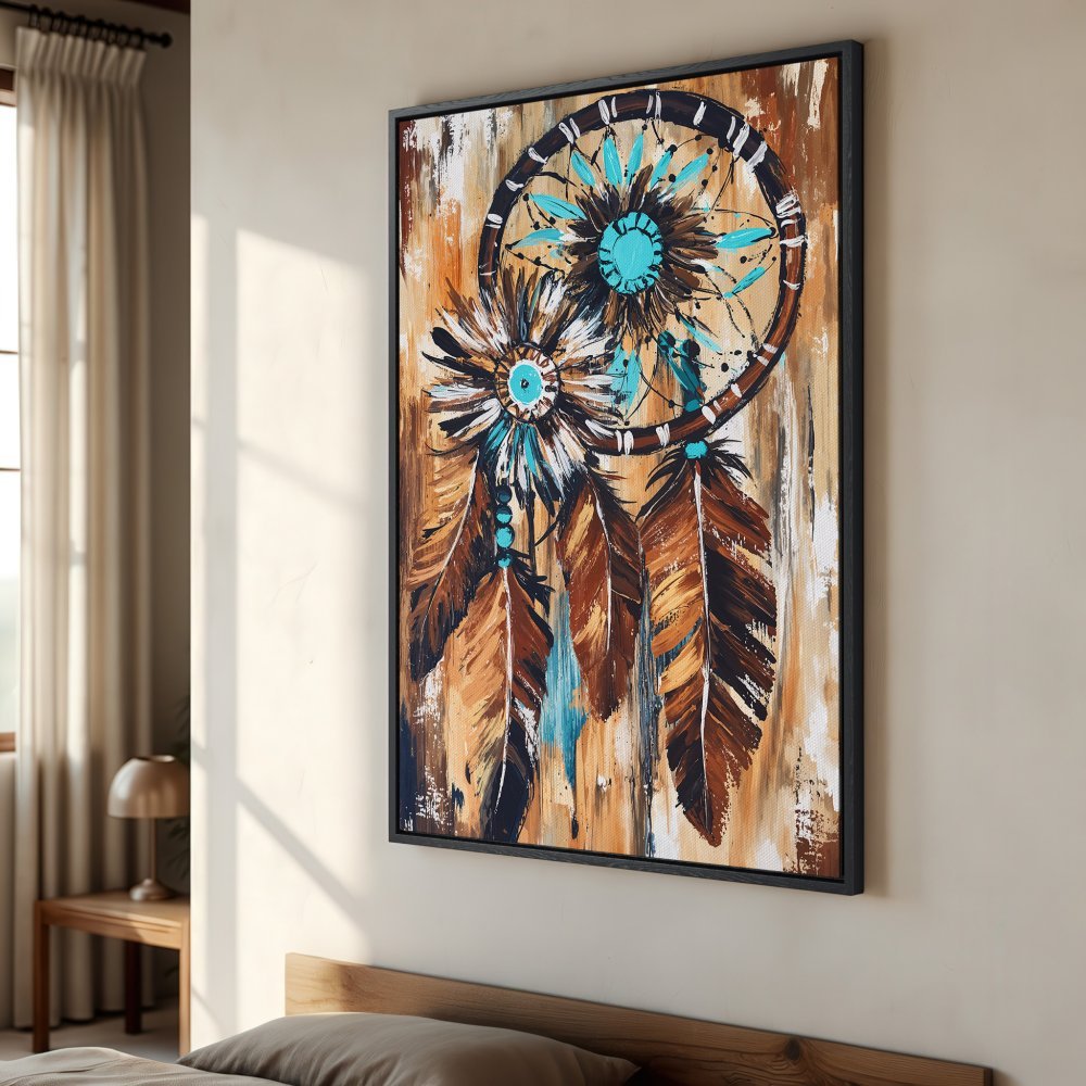 Framed Wall Art: Dreamcatcher painting in rustic style, featuring brown, teal, and beige tones. Perfect for boho decor!