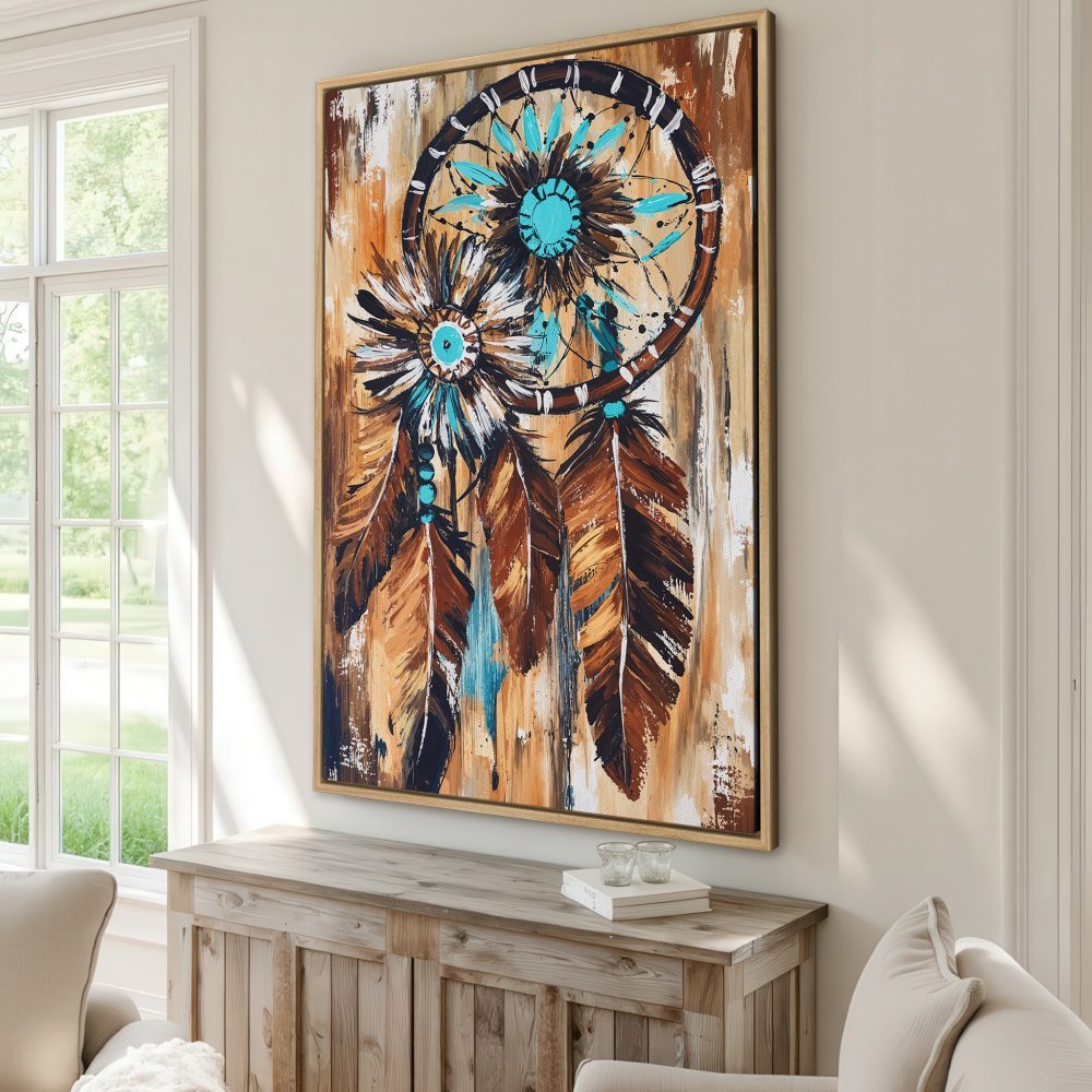 Framed Wall Art: Dreamcatcher painting in warm brown, turquoise, and white tones. Rustic style Canvas Print perfect for living room decor.