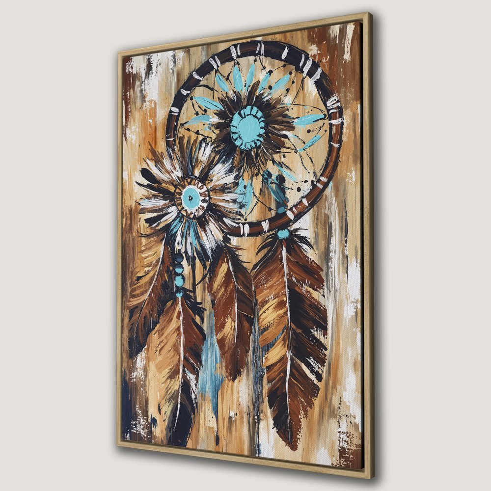 Framed Wall Art: Dreamcatcher painting in rustic style. Earthy brown, turquoise, and cream color palette. Perfect boho decor for your home.