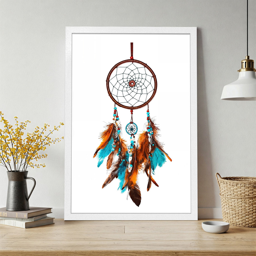 Framed Poster featuring a dreamcatcher design. Boho style art with a vibrant blue, orange, and brown color palette. Perfect wall decor!