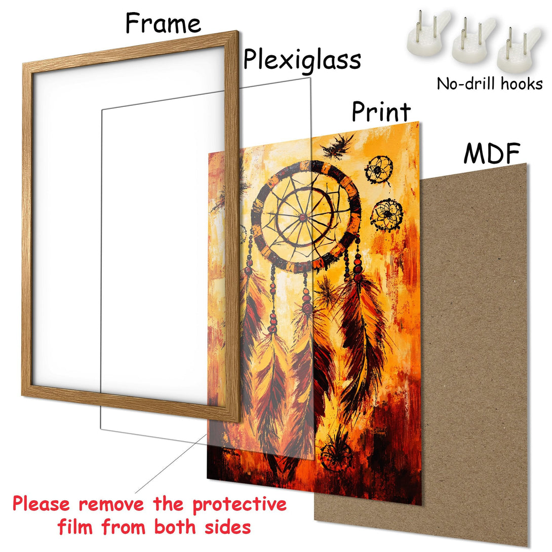 Framed Poster featuring a dreamcatcher design in warm orange and brown tones, perfect for adding boho style to your space.