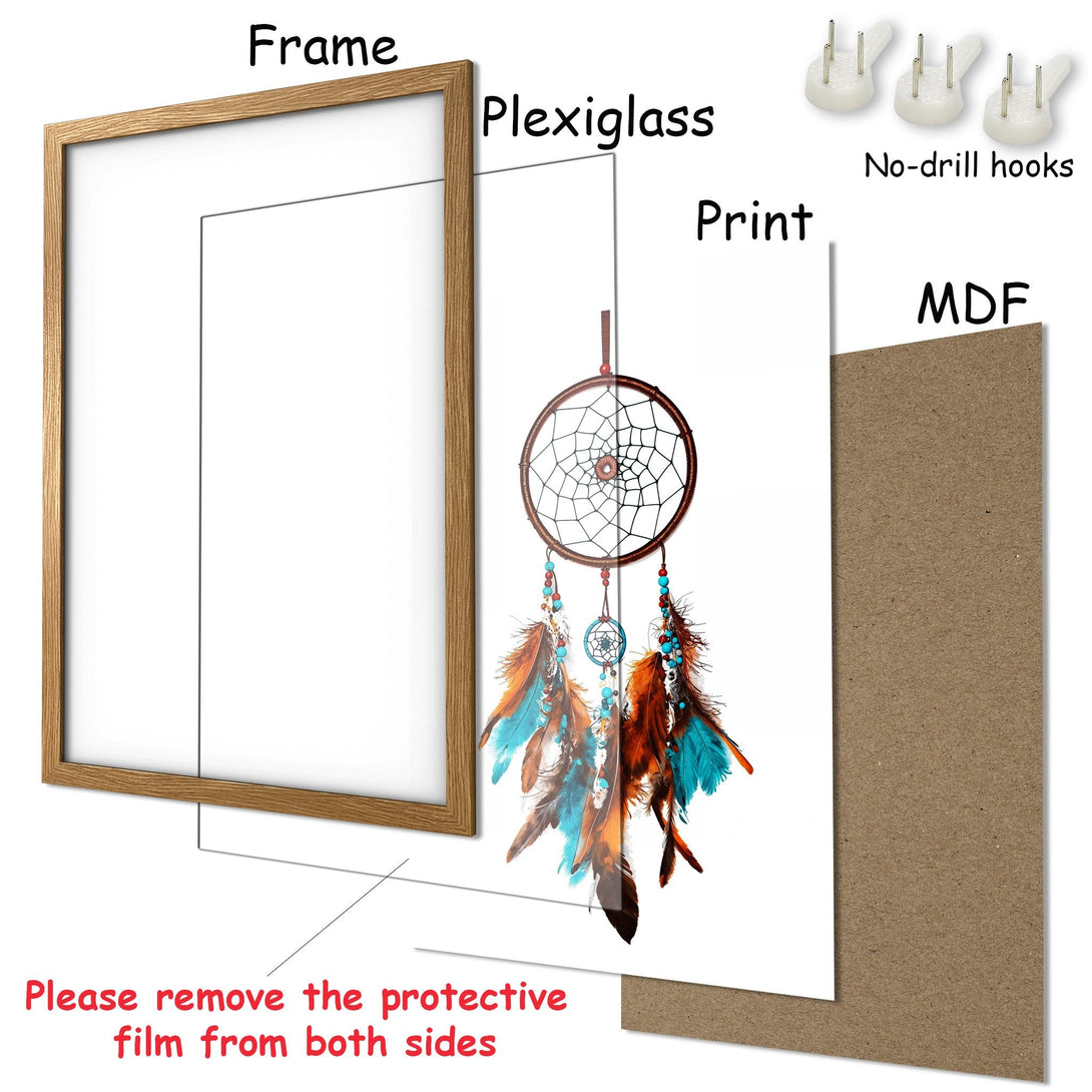 Framed Poster featuring a dreamcatcher design, with a bohemian style and a vibrant teal, brown, and white color palette.