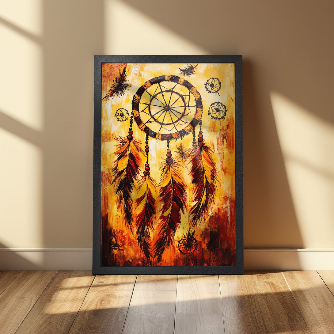 Framed Poster featuring a vibrant dreamcatcher painting in warm yellow, orange, and red tones. Perfect wall art for a boho-chic style.