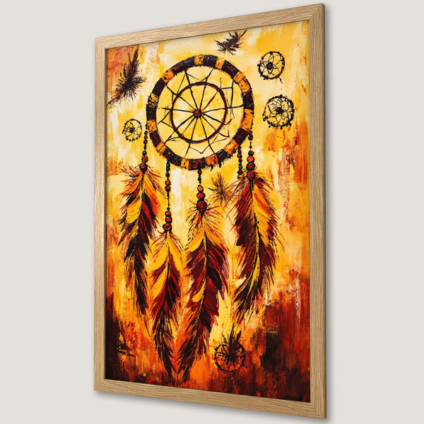 Framed Poster featuring a dreamcatcher painting in warm yellow, orange, and brown tones. Abstract style art for home decor.
