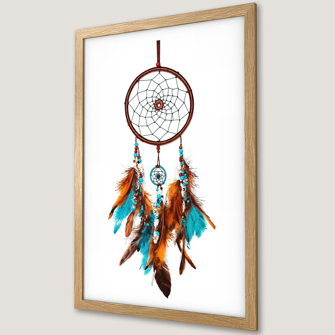 Framed Poster featuring a dreamcatcher with blue, orange, and brown feathers. Bohemian style art print in a natural wood frame.